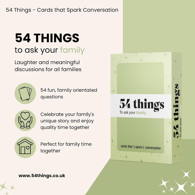 May include: A light green box of "54 Things to ask your family" cards. The box has the text "54 things" and "cards that spark conversation". The image also includes the website address www.54things.co.uk.