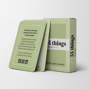 May include: A light green box and cards set with the text "54 things" and "4 things" in black. The cards have text about conversation and connection. The box and cards are on a white background.