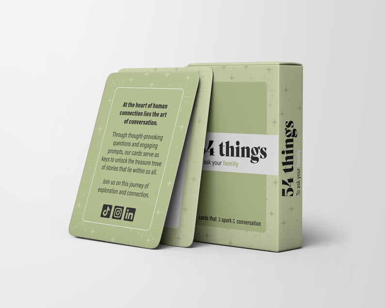 May include: A light green box and cards set with the text "54 things" and "4 things" in black. The cards have text about conversation and connection. The box and cards are on a white background.