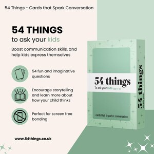 May include: A mint green box of conversation starter cards titled "54 Things to ask your kids." The box features the text "cards that spark conversation" and promotes boosting communication skills and storytelling. The website is www.54things.co.uk.
