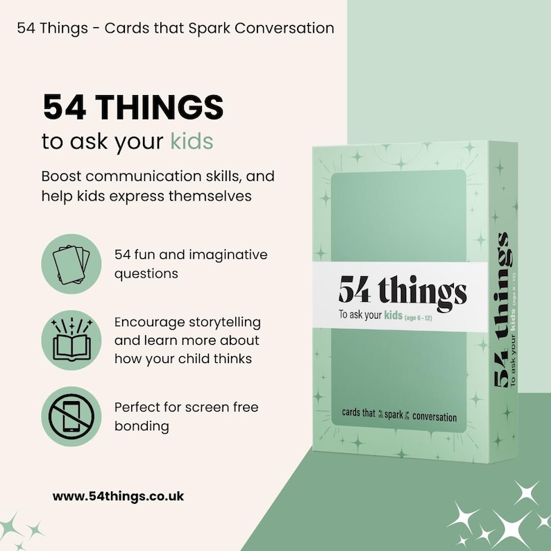 May include: A mint green box of conversation starter cards titled "54 Things to ask your kids." The box features the text "cards that spark conversation" and promotes boosting communication skills and storytelling. The website is www.54things.co.uk.