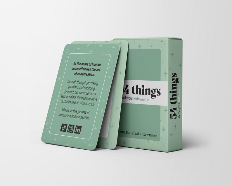 May include: A mint green card game box and cards with the text "54 things to ask your kids". The cards have text that reads "At the heart of human connection lies the art of conversation". The box and cards are on a white background.
