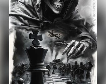 Diseño de tatuaje de ajedrez de Dark War: La Parca y los soldados: descarga digital de alta resolución (sin marcas de agua)