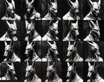 Dios del Caos: Arte conceptual de una deidad egipcia con rostro bestial para tatuajes y diseño.