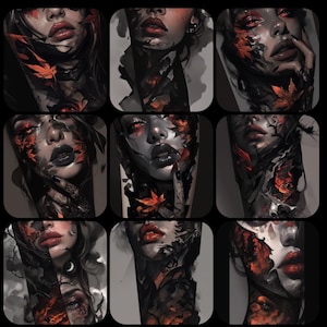 May include: A collage of nine images featuring a woman's face with a tattoo of a forest scene with red leaves. The tattoo covers her neck, shoulder, and arm.