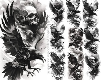 9 diseños. Diseño realista de cuervo y calavera con humo en movimiento, detalles minimalistas.