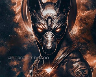 Diseño de tatuaje hiperrealista de Anubis (relación 4x7) - Descarga digital de alta calidad