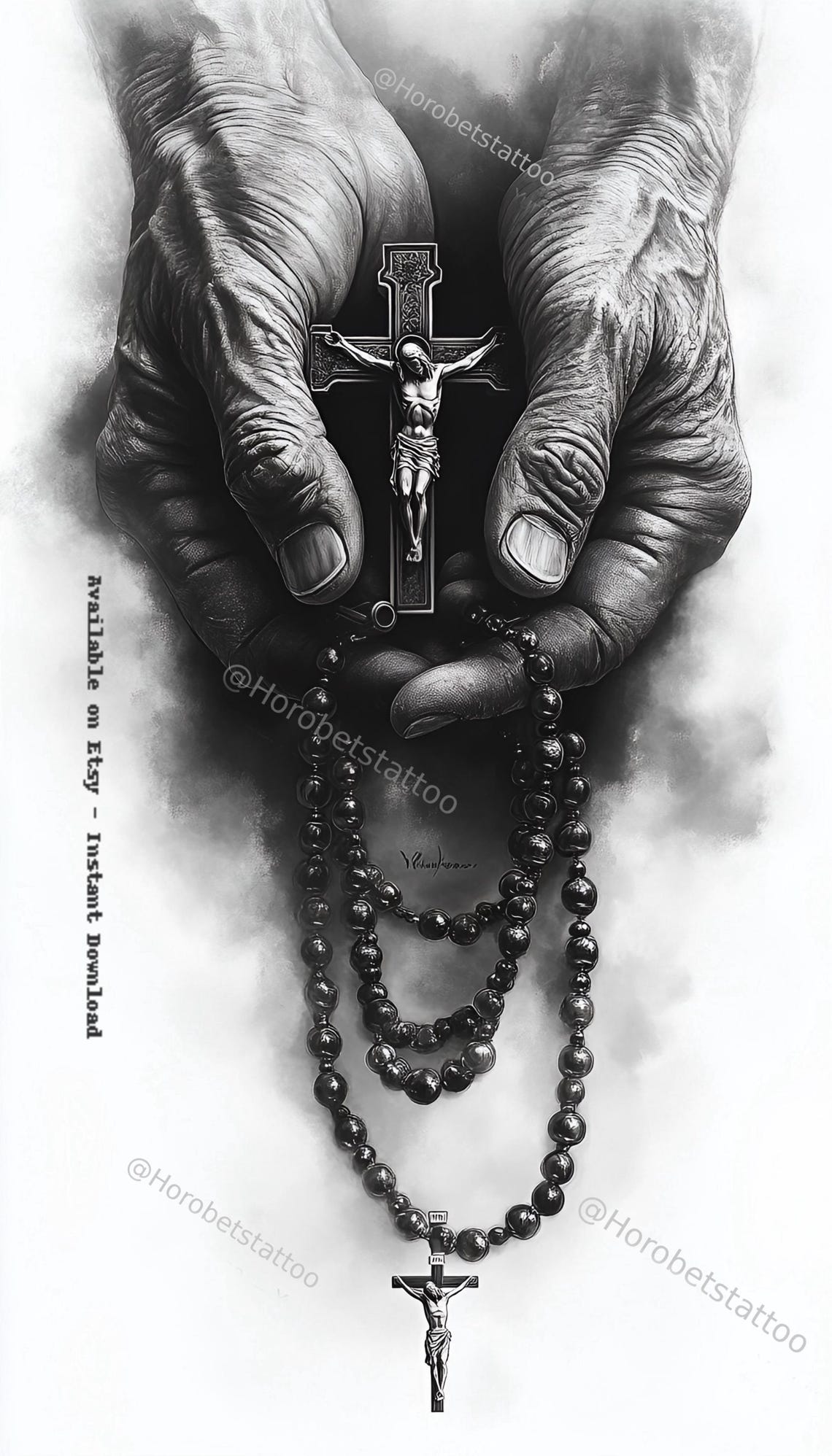Realistic Praying Hands Holding Cross and Rosary Tattoo Design - Etsy