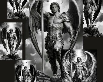 Paquete de diseños de tatuajes del Arcángel Miguel: 6 variantes, arte angelical realista en negro y gris, descarga digital de alta resolución.