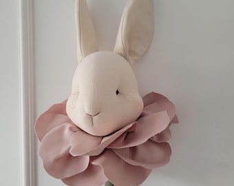 Bunny light beige linen in a powder flower-wall hanging, nursery decor , baby room decor, boho kids , baby shower gift, kids bedroom.