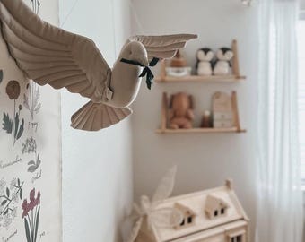 Pigeon linen wall art hanging - handmade nursery decoration for girl&#39;s and boy&#39;s room, boho kids wall, baby shower gift, kids bedroom.