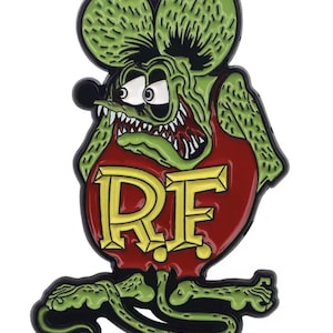 May include: A green cartoon rat pin with large ears, a red vest, and the letters "RF" in yellow. The rat has an angry expression with sharp teeth and is in a stylized design.