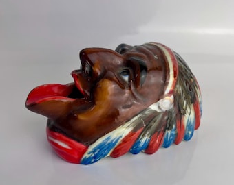 Vintage American Indian Chief Ashtray, Indian Chief Ashtray, Open mouth Indian Ashtray, Collectors Indian Head Ashtray, Indian Headdress