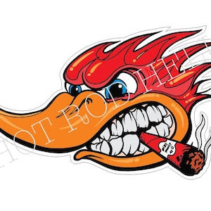 May include: A sticker featuring a cartoon bird head with red flame-like hair, a large orange beak, and blue eyes. The bird has an aggressive expression with bared teeth and is smoking a red cigar. The text HOT ROD HELL is printed across the image.