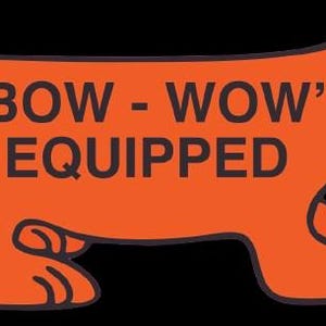 Può includere: Illustrazione di un cane arancione dei cartoni animati con il testo "BOW - WOW" e "EQUIPPED" in nero. Il cane ha un design semplice e amichevole con una faccia sorridente, su sfondo nero.