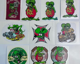 Rat Fink Decals, Choice of Rat Fink designs, Rat Fink Stickers, Big Daddy Ed Roth collectors decals, Rat Fink Garage, Rat Fink Hot Rod