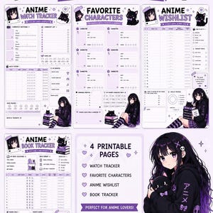 Könnte beinhalten: Ein digitales Anime-Tracker-Paket mit vier druckbaren Seiten in hellvioletten Farbtönen. Die Blätter enthalten Abschnitte für den Wiedergabeverlauf, Lieblingscharaktere, Wunschlisten und Buchverfolgung, verziert mit Illustrationen eines Mädchens.
