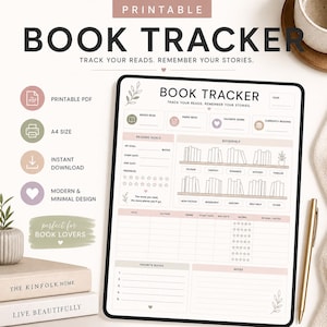 Könnte beinhalten: Ein druckbarer Buch-Tracker mit dem Text "BOOK TRACKER" und "TRACK YOUR READS. REMEMBER YOUR STORIES." Das Design umfasst Abschnitte für Leseziele, ein Bücherregal und Lieblingsbücher. Das Design ist modern und minimalistisch.
