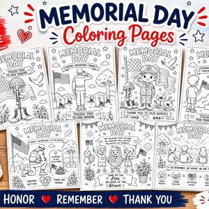 Könnte beinhalten: Ein Bundle mit sieben Ausmalbildern zum Memorial Day mit patriotischen Themen. Jede Seite zeigt Illustrationen von Soldaten, Flaggen und Denkmälern mit Texten wie "Danke" und "Ehre". Enthält ein Buntstiftset und ein Etikett mit der Aufschrift "Perfekt für Kinder".