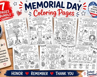 Bundel kleurplaten voor Memorial Day voor kinderen | 7 printbare patriottische activiteitenbladen | Direct downloaden | PDF voor in de klas en thuis