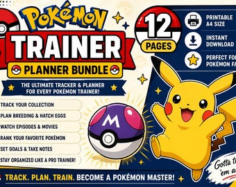 Pokémon Trainer Planner Bundel | 12 printbare PDF-pagina's | Speltracker | Pokédex, Shiny Hunt, Gym Badge & Team samenstellen | Direct downloaden