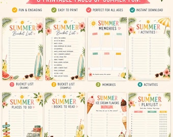 Printbare bundel met zomeractiviteiten | 8 pagina's met zomeractiviteiten | Dagboek met zomerherinneringen | Tracker voor afspeellijsten, boeken, zonsondergangen en ijsjes | PDF