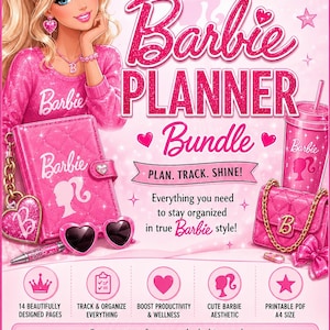 Barbie Inspired Printable Planner Bundle | 14 Pink PDF Planner Pages | Daily, Weekly & Monthly Planner | Digital Download | Cute Femi