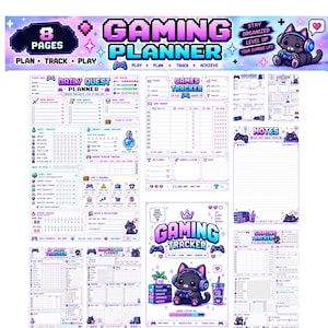May include: An 8-page gaming planner set featuring a pixel-art aesthetic with a black cat character wearing headphones. The pages include sections for daily quests, habit tracking, game lists, skill trees, and notes, all decorated with purple and blue accents.
