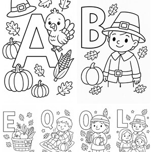 Könnte beinhalten: Schwarz-Weiß-Illustrationen zum Thema Thanksgiving. Das Bild zeigt die Buchstaben A, B, E, Q, O und L, jeweils mit zugehörigen Bildern wie Kürbissen, Truthähnen, Pilgern und Füllhörnern. Die Illustrationen sind zum Ausmalen gedacht.