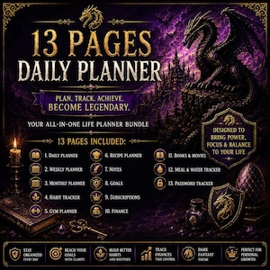 Puede incluir: Un paquete de planificador diario de 13 páginas con temática de fantasía oscura e ilustración de dragón. El texto incluye 13 PAGES DAILY PLANNER, PLAN. TRACK. ACHIEVE. BECOME LEGENDARY, y una lista de 13 páginas como planificadores diarios.