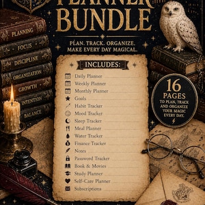 May include: A 16-page planner bundle featuring a parchment-style list of trackers including daily, weekly, and monthly planners, goals, habits, mood, sleep, meals, water, finance, notes, passwords, books, movies, study, self-care, and subscriptions.
