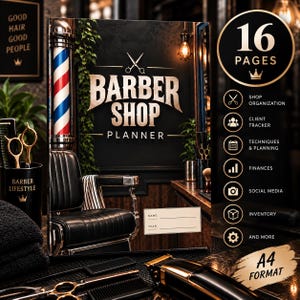 May include: A 16-page A4 format barber shop planner with a black cover featuring a gold barber pole, a black leather chair, and the text "BARBER SHOP PLANNER". The cover includes a name and year field, with icons for shop organization, client tracking, finances, and inventory.