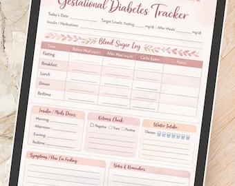 Printbare tracker voor zwangerschapsdiabetes | Bloedsuikerlogboek (mg/dL) + koolhydraten en ketonen | Insuline/medicatie + waterinname | Zwangerschapsplanner voor zwangerschapsdiabetes