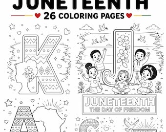 Juneteenth ABC-kleurboek, kleurplaten van A tot Z, kleurboek over de zwarte geschiedenis voor kinderen, Juneteenth-activiteitenboek, printbaar PDF-bestand