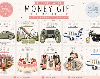 Bundel met 10 printbare sjablonen voor geldcadeaus | Cadeaukaarten met geldhouder | Zelfgemaakte geldcadeaus om uit te knippen | Verjaardag, bruiloft, babyshower, reiscadeau, gamecadeau