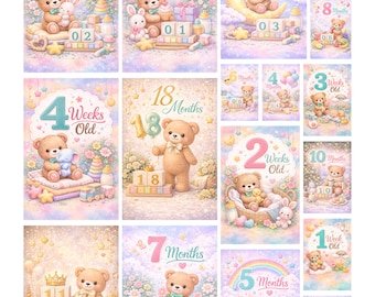 Printbare mijlpaalkaarten voor baby's – 1 week tot 18 maanden – Wekelijkse en maandelijkse mijlpalen voor baby's – Neutrale babyfoto-accessoires