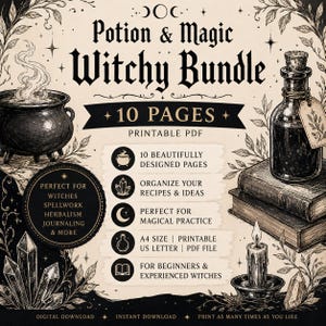 May include: A Potion & Magic Witchy Bundle printable PDF featuring 10 pages. The design includes a steaming cauldron, a glass bottle on stacked books, a candle, and crystals. Text includes Potion & Magic Witchy Bundle, 10 Pages, and details about A4 size, US Letter, and PDF file format.