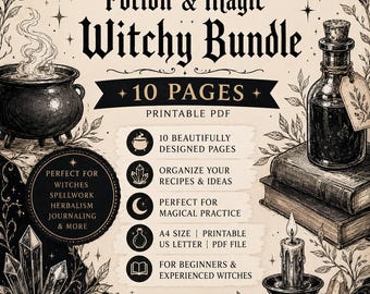 Printbare bundel 'Boek der Schaduwen' | 10 pagina's tellend heksenjournaal (pdf) | Grimoire, kristalcorrespondenties, maanritueel, tarotreading, toverdrankrecept