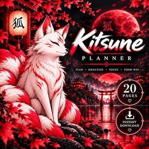 Peut inclure: Une couverture de planificateur numérique avec un renard blanc à neuf queues aux marques rouges, une grande lune rouge, un portail torii et des feuilles d'érable rouges. Texte : "Kitsune PLANNER", "PLAN · ORGANIZE · FOCUS · YOUR WAY", "20 PAGES", "INSTANT DOWNLOAD".