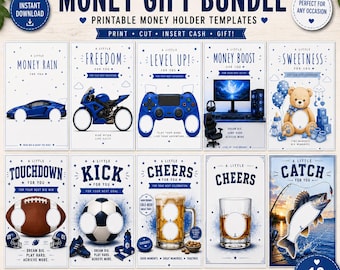 Bundel met cadeaubonnen in de vorm van geld | 10 printbare ontwerpen voor geldhouders | Auto, motor, gaming, sport, vissen en meer | Sjabloon voor zelfgemaakte geldcadeaus