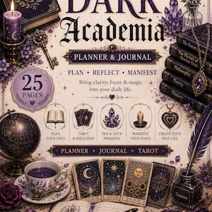 May include: A Dark Academia planner and journal featuring purple and gold accents, text reading 'PLAN REFLECT MANIFEST', tarot cards, a globe, a teacup, a fountain pen, and stacked books. The design includes illustrations of candles, crystals, and flowers.