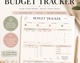 Minimalistische budgetplanner (printbaar) | Maandelijkse financiële planner | Uitgavenoverzicht (pdf) | Spaar- en inkomstenoverzicht | Budgetplanner op A4-formaat | Geen watermerk