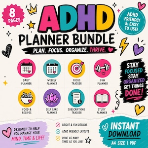 ADHD Planner Printable Bundle | Colorful Digital Planner | ADHD Organizer | Daily, Weekly, Focus & Habit Tracker | Self Care | Study Planner