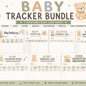 May include: A digital baby tracker bundle featuring seven printable A4 pages with teddy bear illustrations. The set includes logs for feeding, sleep, diapers, growth, vaccinations, medical records, and food introduction, all in a soft green and beige palette.