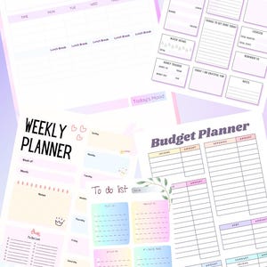 Könnte beinhalten: Eine Sammlung von druckbaren Planerseiten mit einem sanften Pastellfarbschema. Die Seiten enthalten Abschnitte für Studienplanung, Wochenplanung, To-Do-Listen und Budgetierung. Der Text enthält "My Study Planner", "Weekly Planner" und "Budget Planner".
