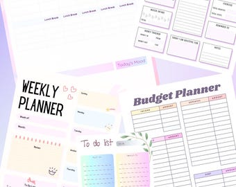 Printbare plannerbundel | Dag-, week-, budget- en studieplanner | Leuke pastelkleurige productiviteitsplanner | Direct te downloaden als PDF