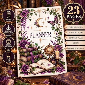 May include: A planner cover featuring the text PLANNER, 23 PAGES, and A4 SIZE. The design includes a stack of books, a globe, a candle, a quill, and a butterfly, all surrounded by purple flowers and green vines on a white background.