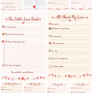 Könnte beinhalten: Eine Sammlung von druckbaren Liebestagebüchern und Ausfüllseiten mit romantischem Thema. Die Seiten enthalten Überschriften wie „Ich liebe dich, auch wenn“, „100 Gründe, warum ich dich liebe“ und „Alles über meine Liebe“. Das Farbschema ist zartrosa und weiß.