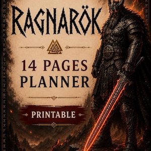 Könnte beinhalten: Ein druckbarer 14-seitiger Planer mit dem Titel RAGNARÖK, der einen dunkel gerüsteten Krieger mit einem leuchtend orangefarbenen Schwert zeigt. Der Hintergrund zeigt eine Vulkanlandschaft unter einer schwarzen Sonne mit Runen und Symbolen.