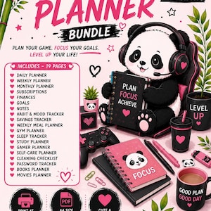 Könnte beinhalten: Ein druckbares Planer-Set mit dem Titel Ultimate Panda Planner Bundle mit 19 Seiten. Das Design zeigt einen Panda mit Kopfhörern, rosa und schwarze Notizbücher, einen Gaming-Controller, einen Becher und eine Liste von Planerkategorien wie täglich, wöchentlich, monatlich, Finanzen und Ziele.